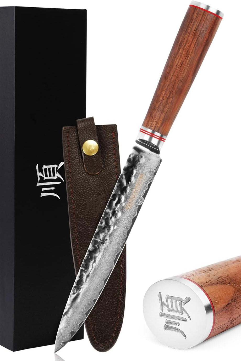 20cm Sashimi Bıçağı - Japon Çekiç Desenli Damascus Çelik ve Ceviz Ağacı Saplı