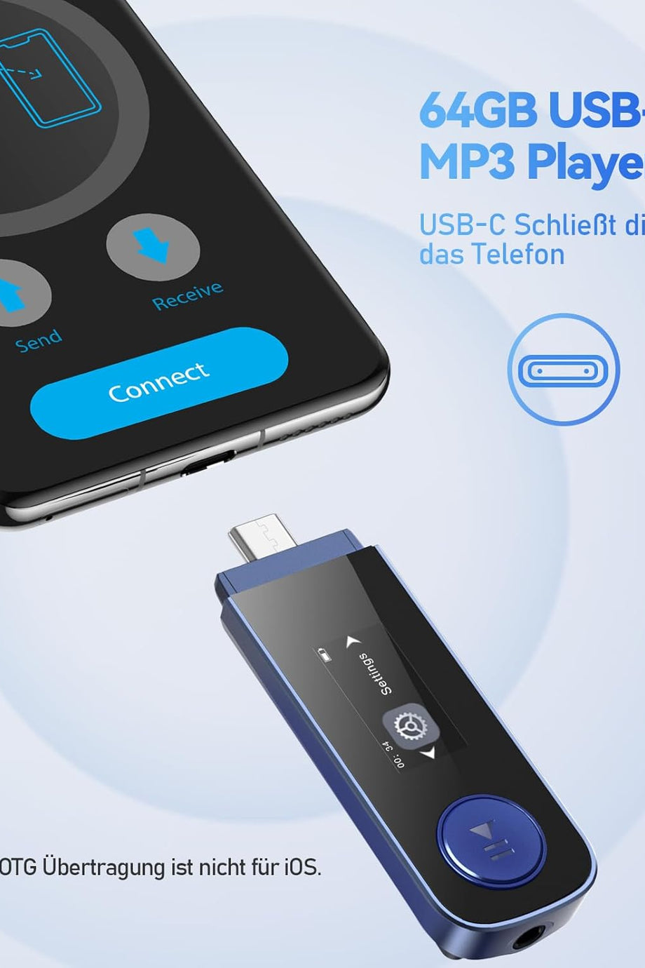 64GB Taşınabilir USB MP3 Çalar Bluetooth, Type-C Bağlantı