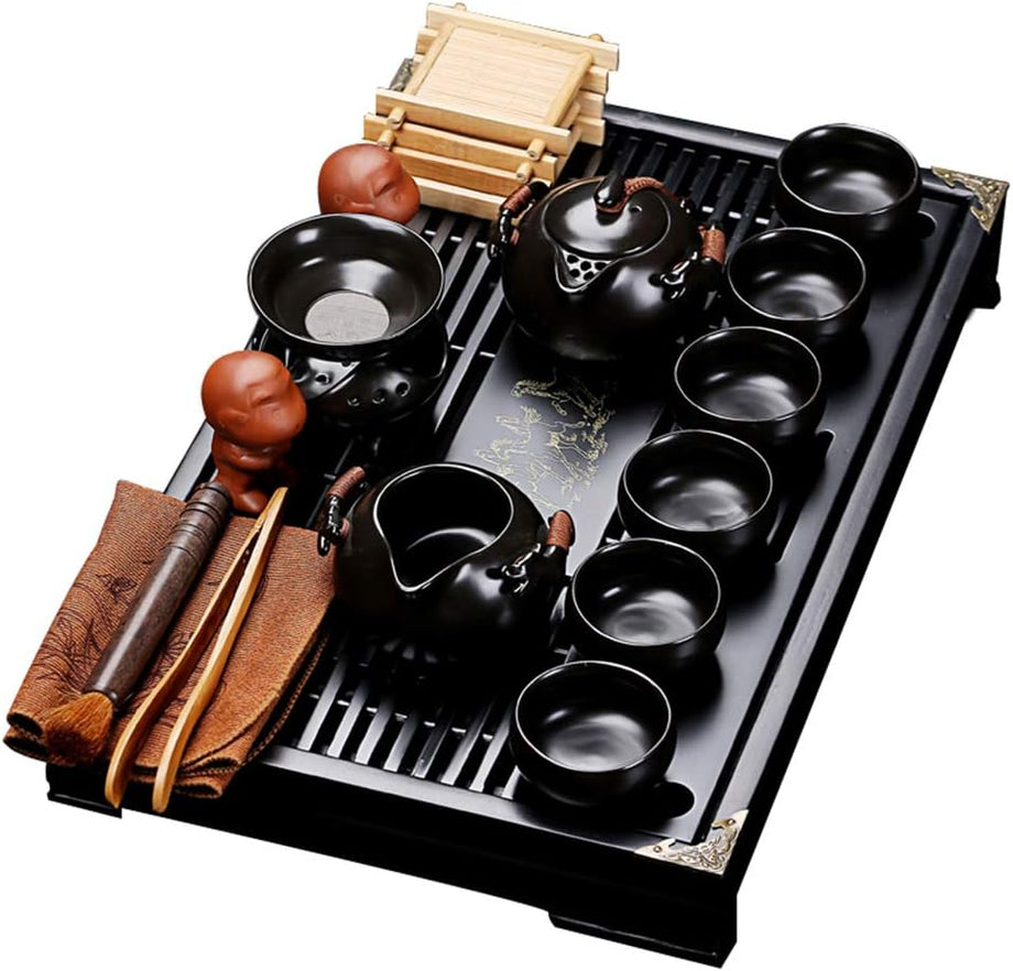 Siyah Kung Fu Çay Seti, Porselen, 6 Fincan, Çaydanlık, Tepsi , 50 ml