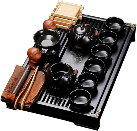 Siyah Kung Fu Çay Seti, Porselen, 6 Fincan, Çaydanlık, Tepsi , 50 ml