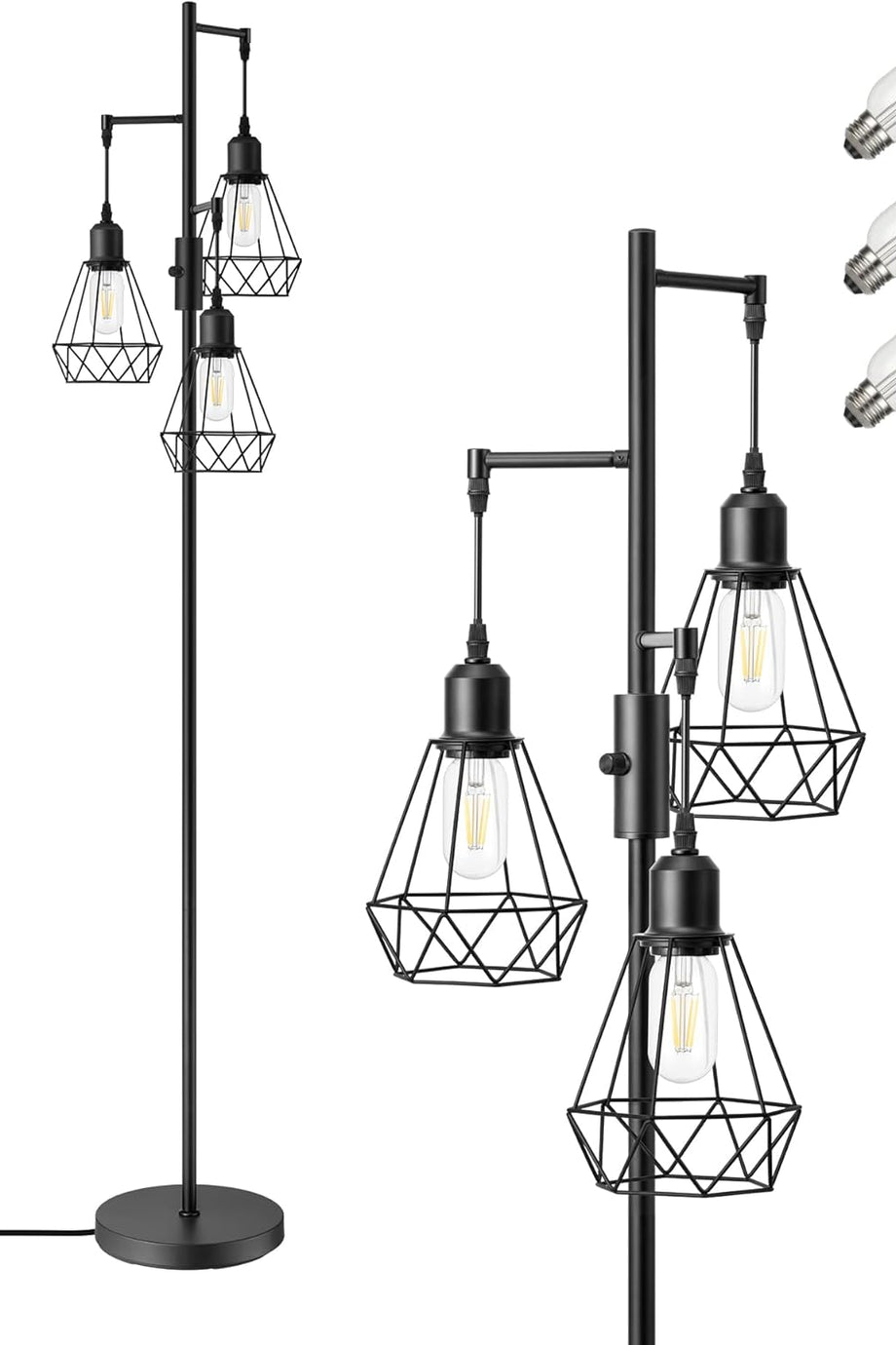 3 Başlıklı Dimlenebilir Retro Ayaklı Lamba E27 LED, Kafes Şapkalı, 166 cm