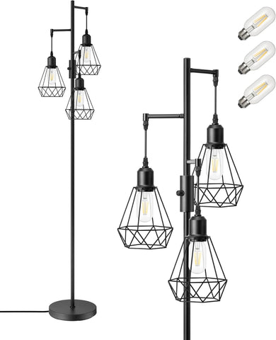 3 Başlıklı Dimlenebilir Retro Ayaklı Lamba E27 LED, Kafes Şapkalı, 166 cm