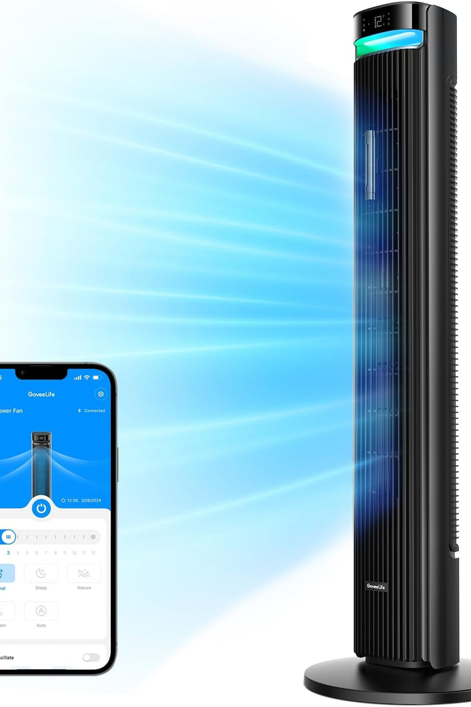 24 Saatlik Zamanlayıcı, 150° Salınımlı Akıllı Kule Fan, APP ve Sesle Kontrol, Siyah