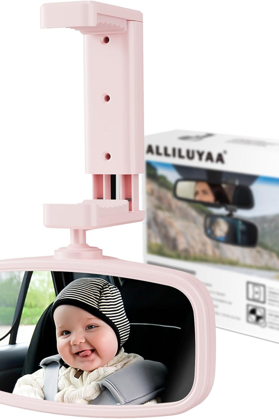 Bebek Araba Dikiz Aynası, Pembe, 360° Döndürülebilir, Yaylı Klipsli