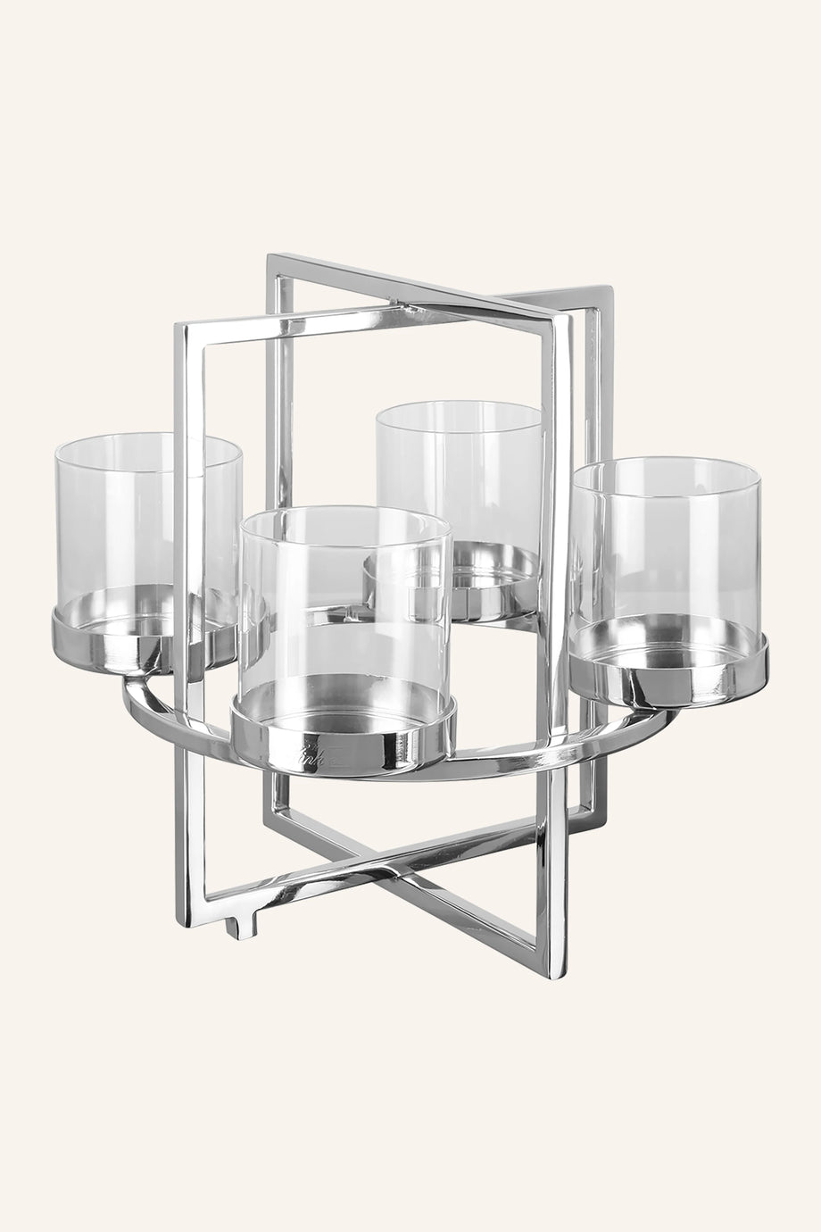 Norman 4 Kollu Yuvarlak Mumluk Verniklenmiş Paslanmaz Çelik Cam Detaylı 32 cm