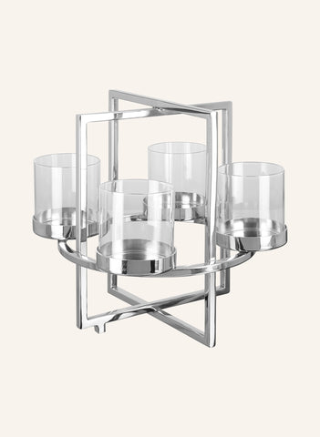 Norman 4 Kollu Yuvarlak Mumluk Verniklenmiş Paslanmaz Çelik Cam Detaylı 32 cm