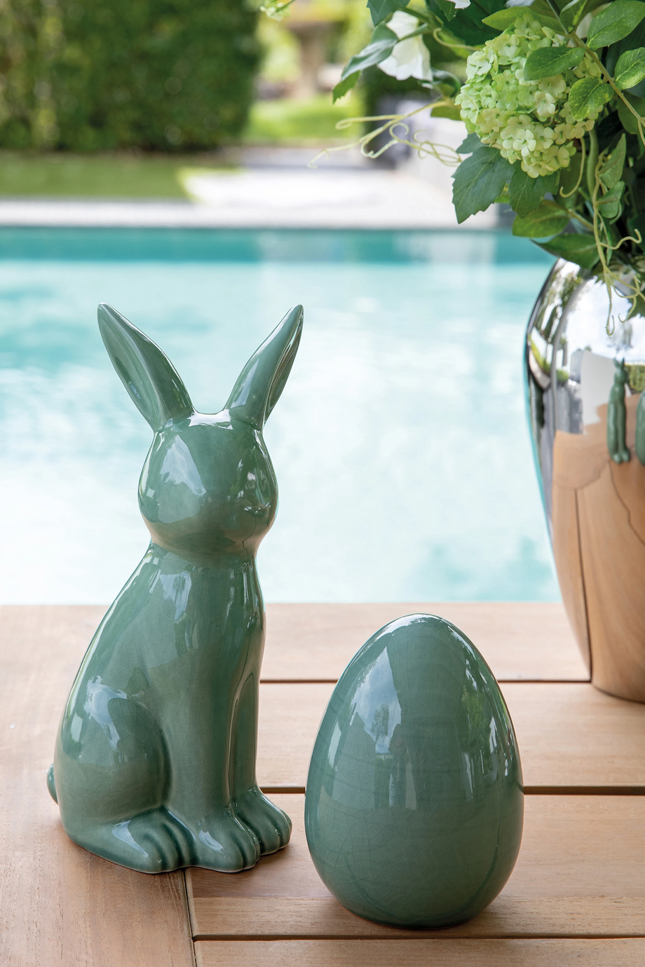 Fabius Yeşil Krakelee Efektli Seramik Dekoratif Tavşan 25 cm Zarif Paskalya Süsü