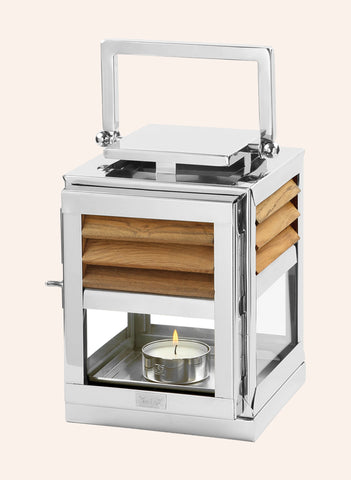 Genua Teak ve Paslanmaz Çelik Dış Mekan Laterne 25 cm Yüksek Camlı El Yapımı