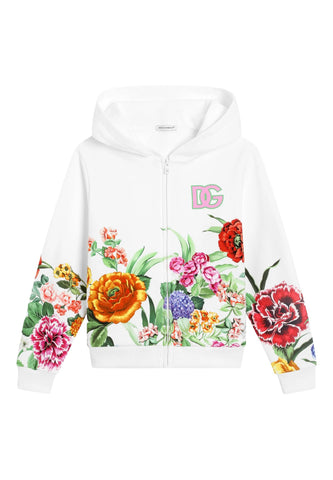 Çocuklar için Çiçek Desenli Fermuarlı Kapşonlu Üst - Çok Renkli