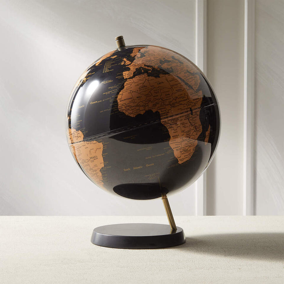 Modern Tasarımlı Siyah Mermer Globe, Copper Detaylarla Zenginleştirilmiş Küre