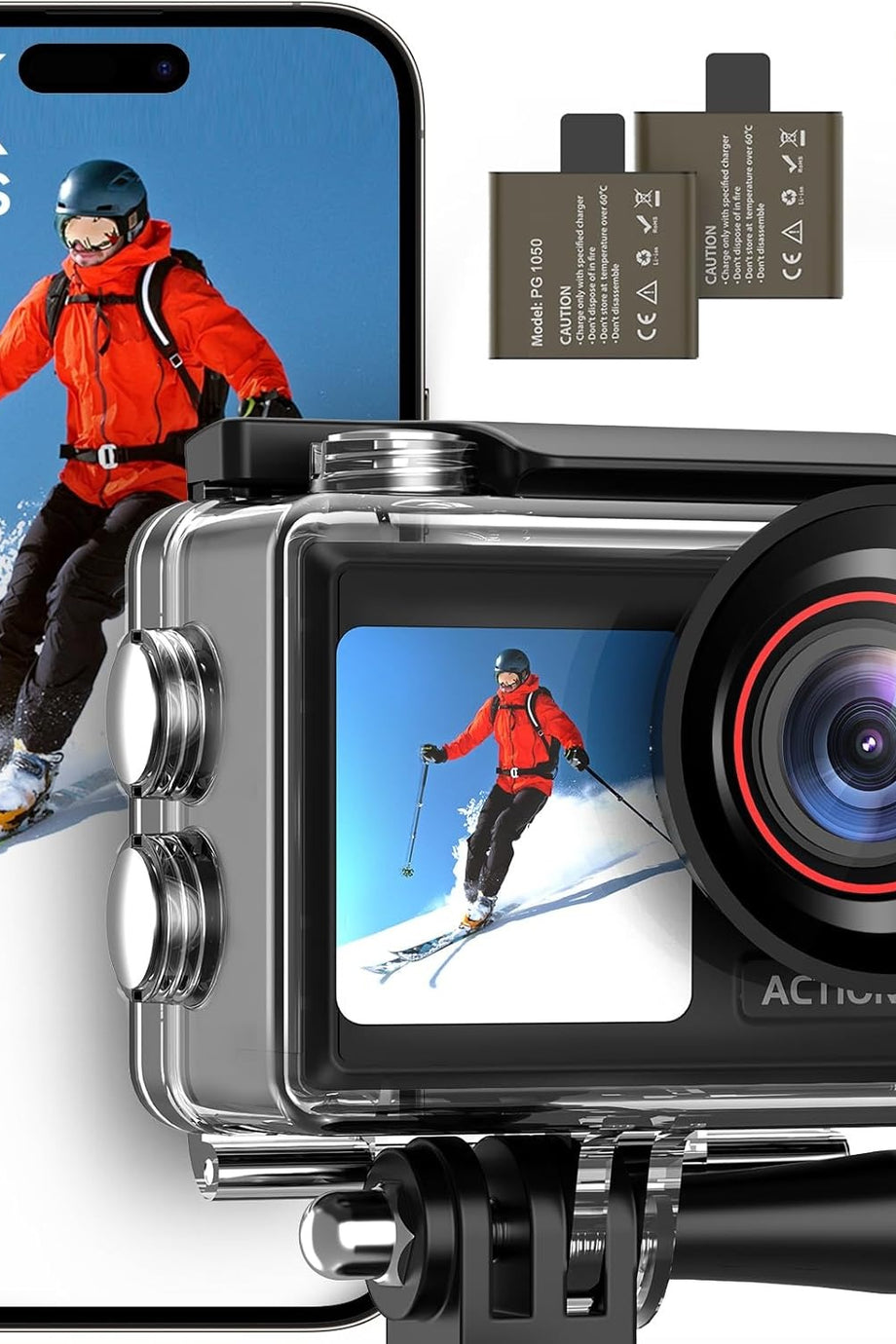 Action Cam 4K 60FPS, 40M Su Geçirmez, 30MP, Çift Ekran, 64GB Kart, WiFi, Uzaktan Kumanda