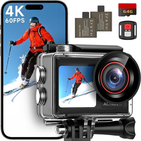 Action Cam 4K 60FPS, 40M Su Geçirmez, 30MP, Çift Ekran, 64GB Kart, WiFi, Uzaktan Kumanda
