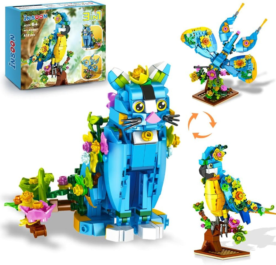 3'ü 1 Arada Çiçek Papağan, Kedi, Kelebek Yapım Oyuncağı, 412 Parça