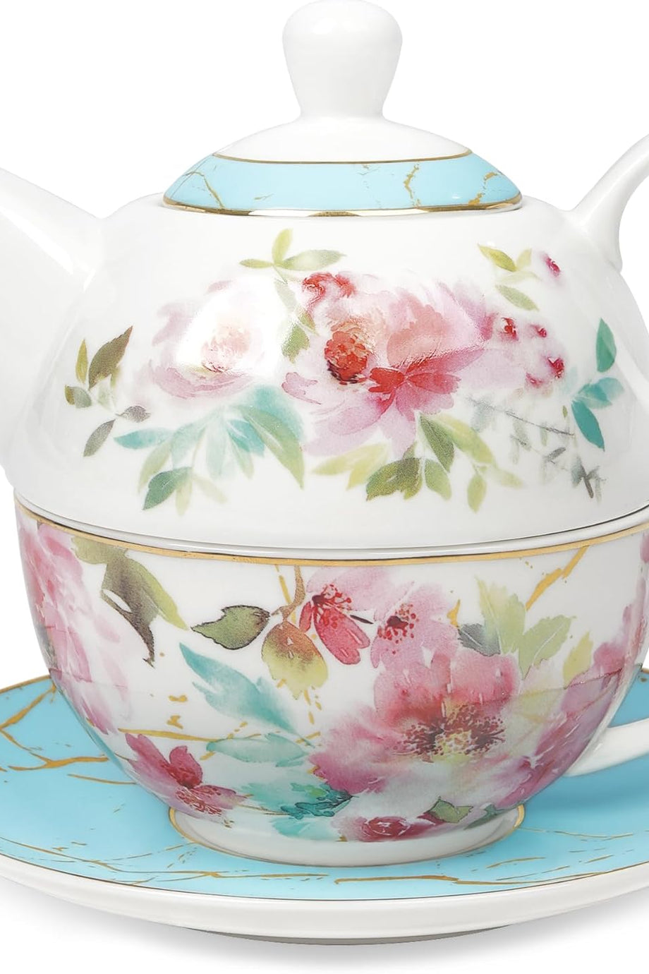 Pembe Çiçekli Çay Seti, Altın Kenarlı Porselen Kahve ve Fincan Seti