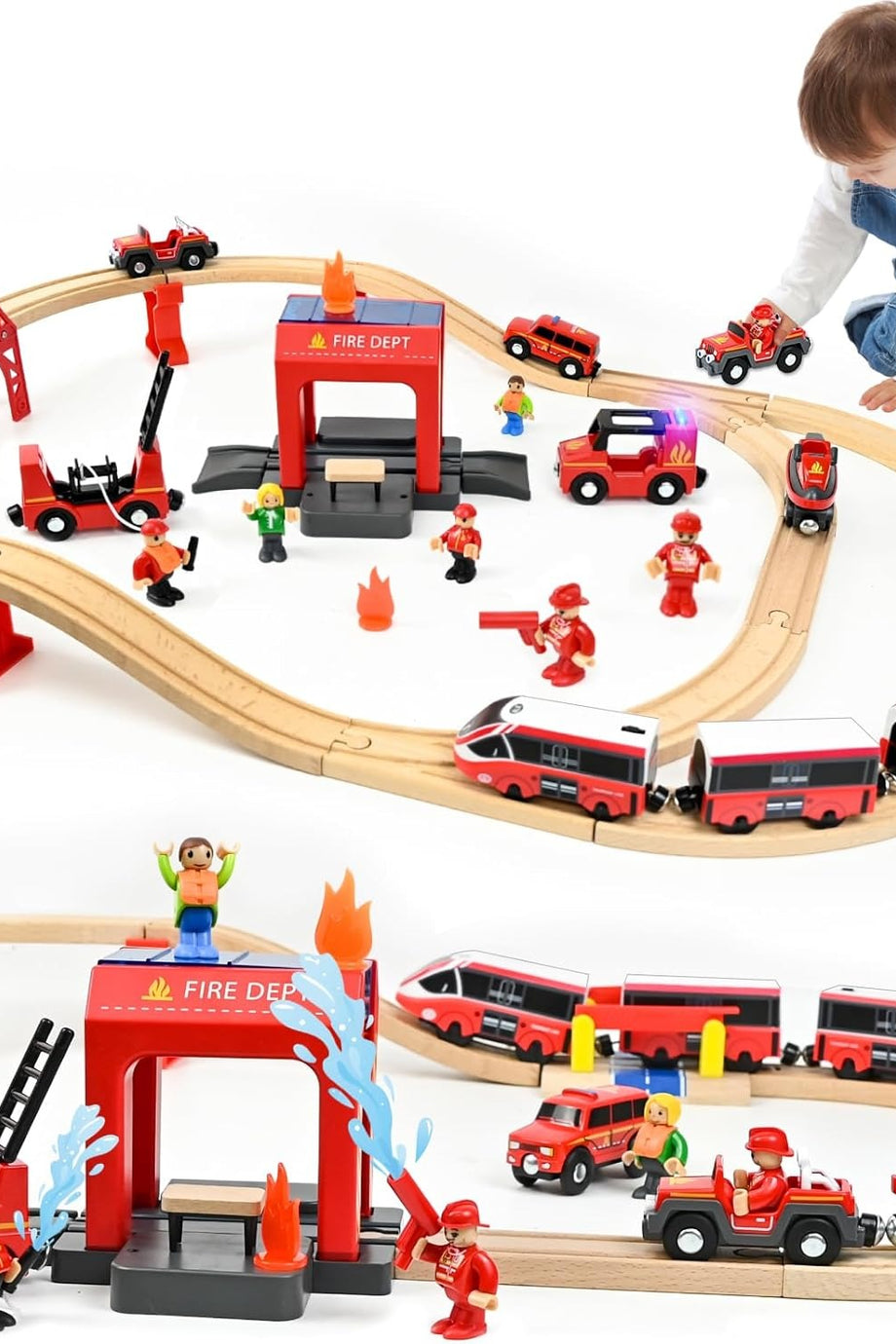 58 Parçalı Ahşap Tren Seti, Elektrikli Lokomotif ve İtfaiye Aracı ile Model Demiryolu Oyuncağı