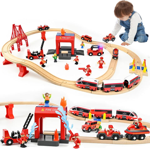 58 Parçalı Ahşap Tren Seti, Elektrikli Lokomotif ve İtfaiye Aracı ile Model Demiryolu Oyuncağı