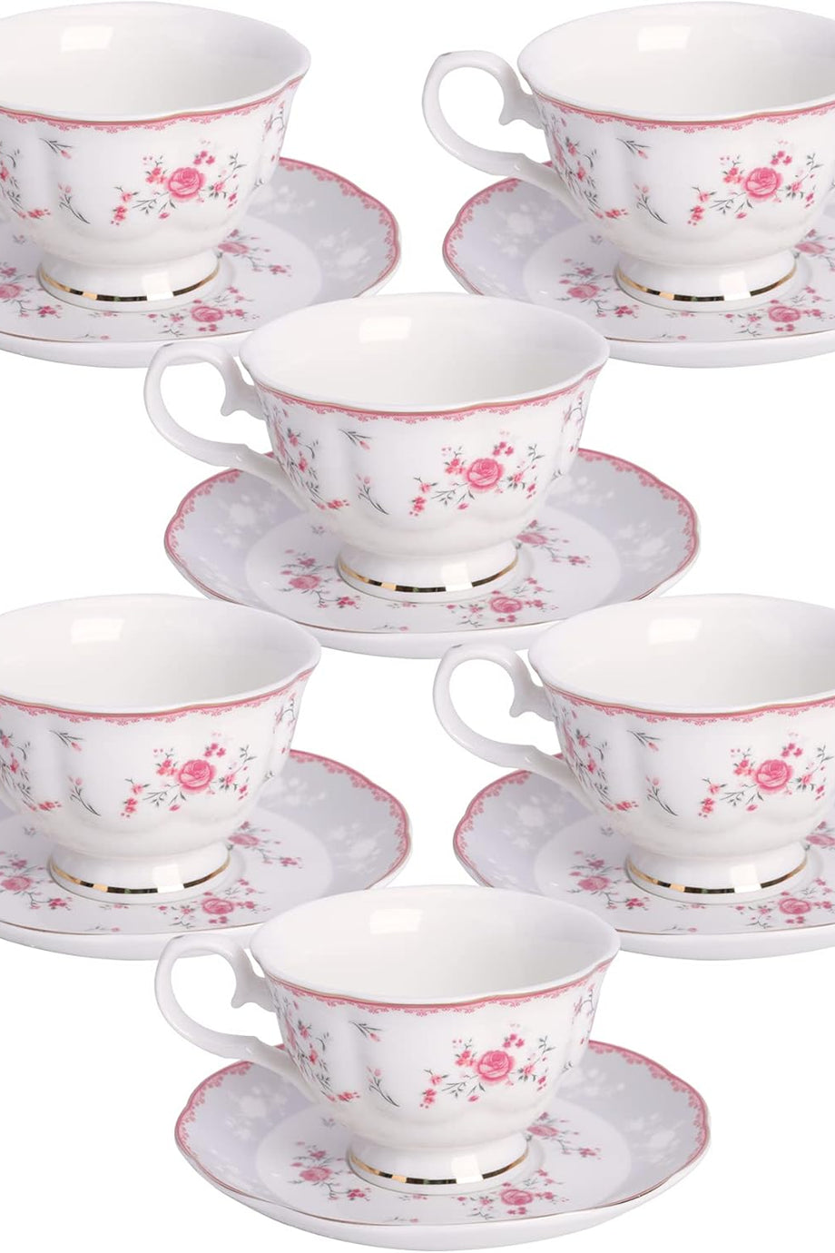 Pembe Gül Fincan Seti, 6 Çay Fincanı ve Tabağı, Altın Kenarlı Porselen, 150 ml