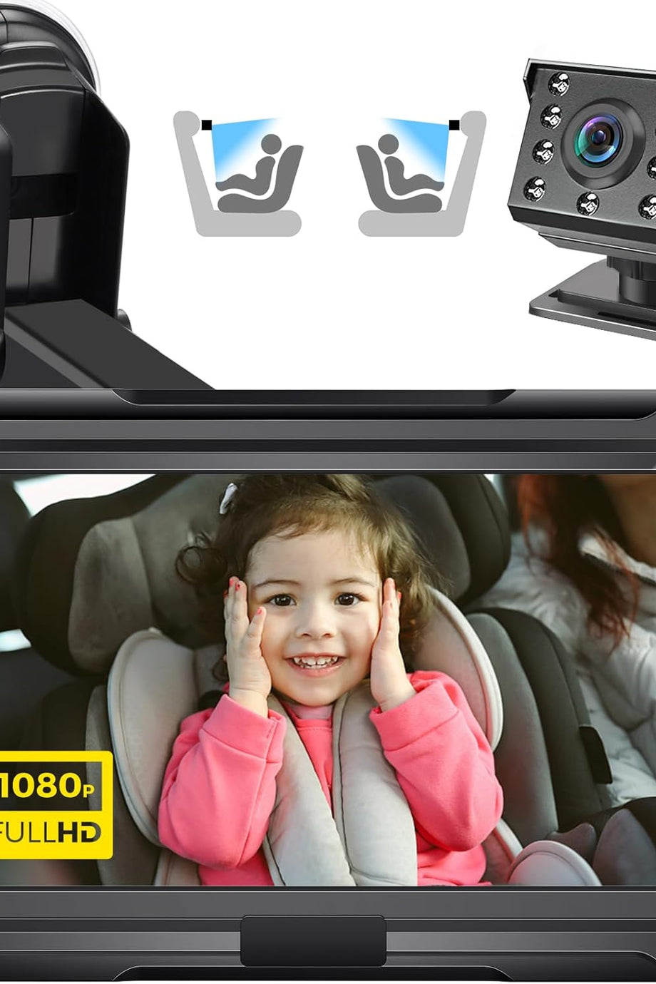 Bebek Araba Aynası HD 1080P Kameralı, Gece Görüşlü Arka Görüş Monitörü