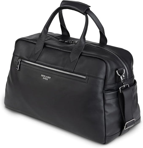 Milan Weekender Seyahat Çantası, Siyah Deri Unisex El Bagajı, 40L Kapasite