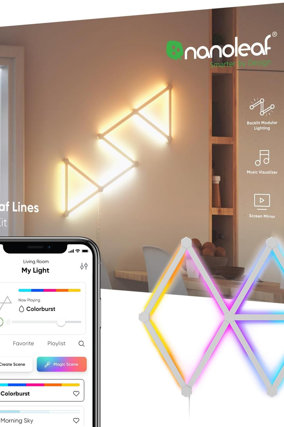 Lines 60° Başlangıç Kiti, 9 RGBW LED Akıllı Işık Çubuğu, Müzik & Ekran Senkronizasyonlu