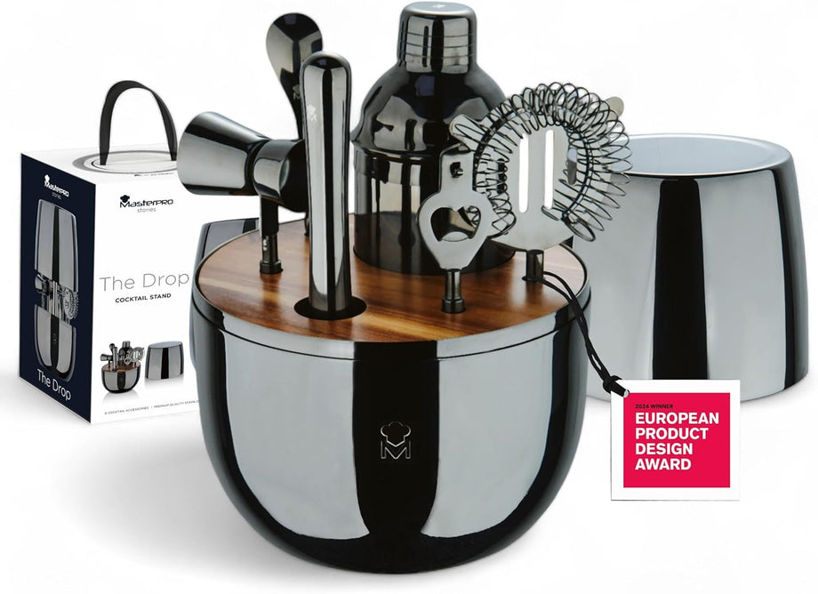 The Drop 6'lı Paslanmaz Çelik Kokteyl Seti Siyah Kaplama Şık Hediye Kutulu Bar Seti