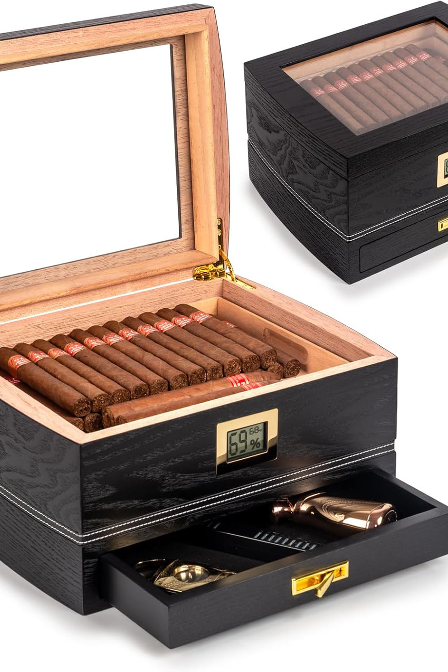 75’lik Zigarren Humidor, Zederağacı, Higrometreli, Klasik Ahşap Tasarım
