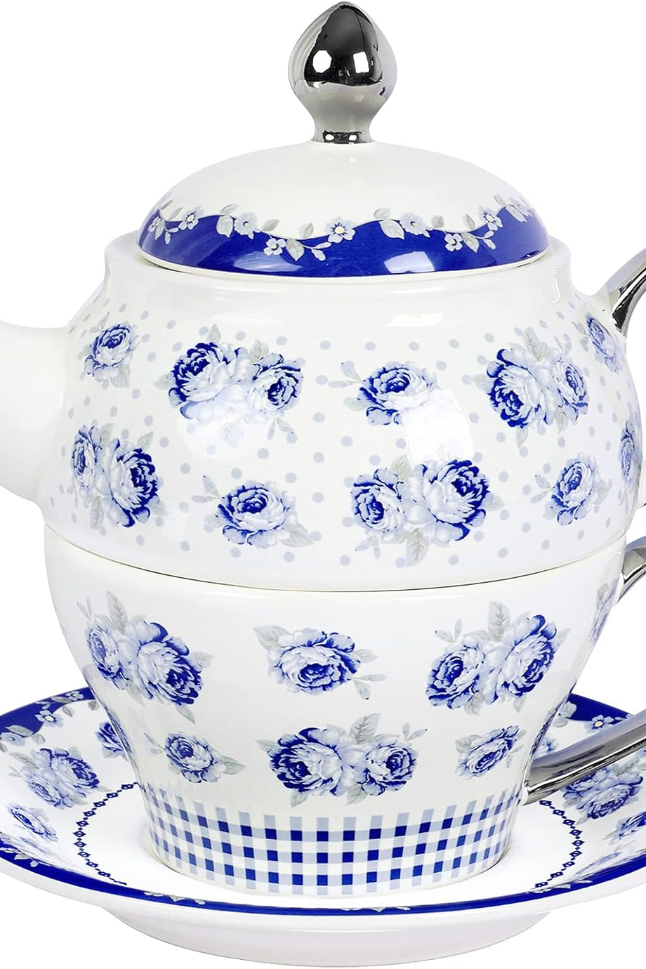 Vintage Mavi Çiçekli Çay Seti, Puantiyeli Porselen 450 ml Çaydanlık, 220 ml Fincan