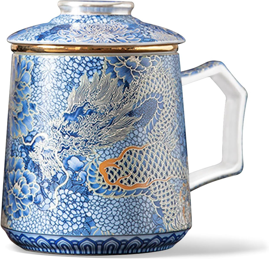 Çin Ejderhası Mavi Porselen Çay Fincanı, Demlikli ve Kapaklı, 350 ml Seramik