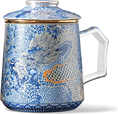 Çin Ejderhası Mavi Porselen Çay Fincanı, Demlikli ve Kapaklı, 350 ml Seramik