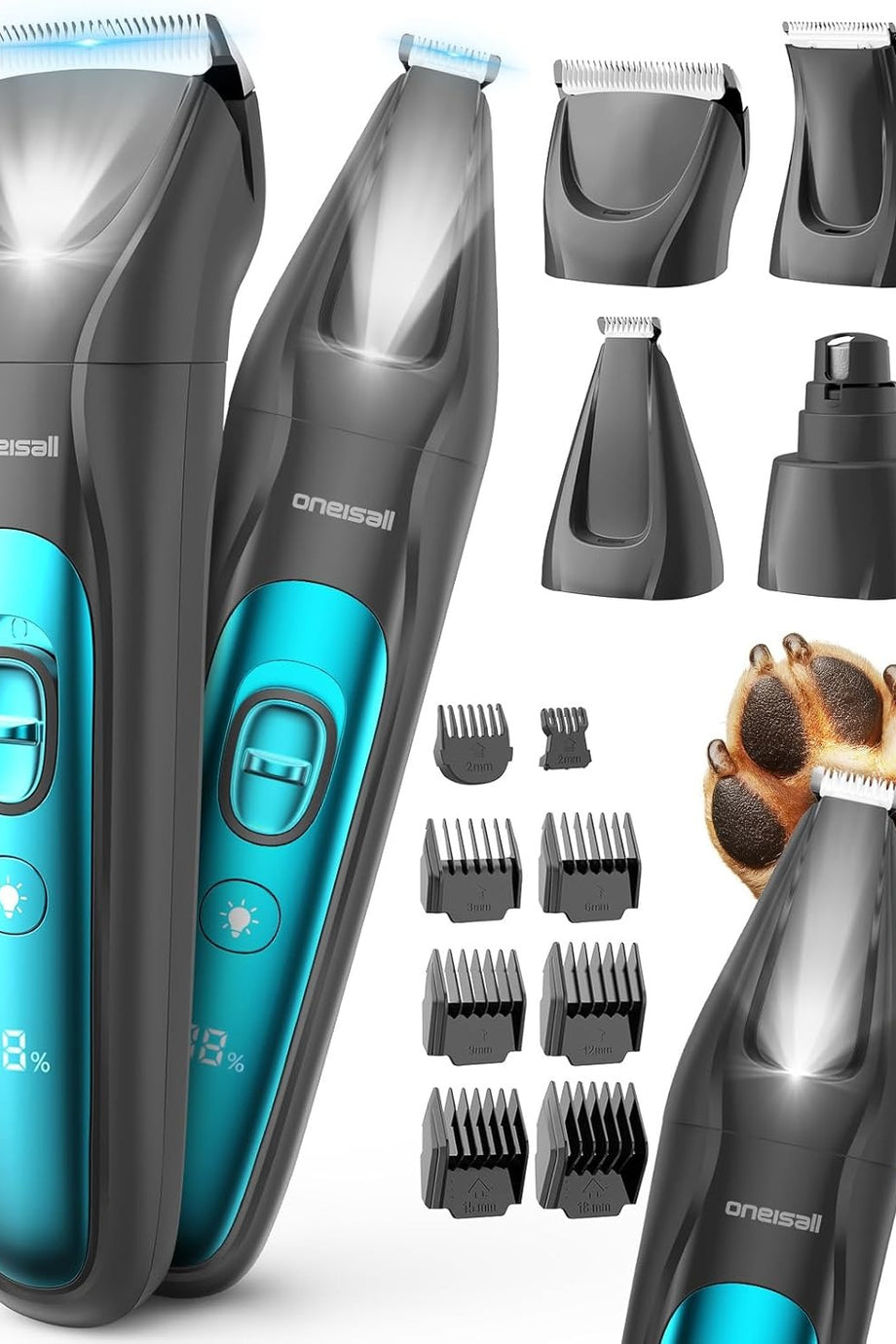 4'ü 1 Arada Sessiz Köpek Kedi Tıraş Makinesi LED Işıklı, 2000 mAh Şarjlı, Tırnak ve Pati Tıraş Aleti