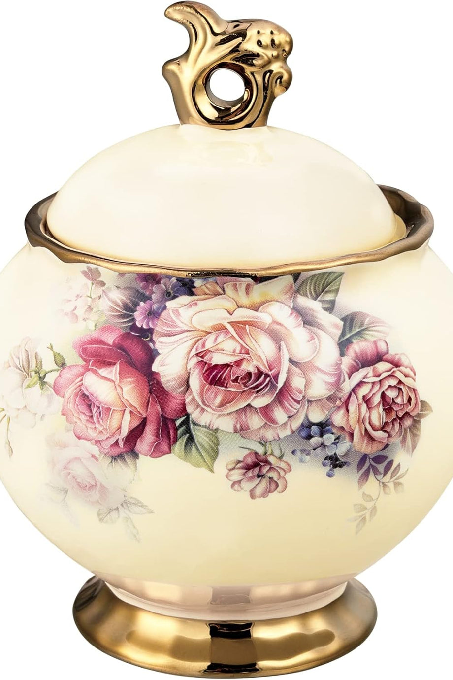 Beyaz Kapaklı Porselen Şekerlik, 340 ml , Gül Desenli, İngiliz Tarzı