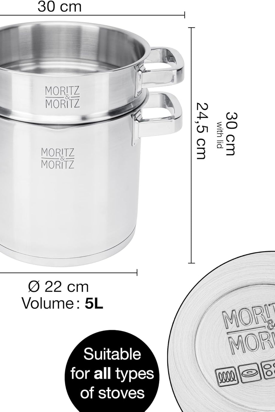 20 cm Süzgeçli Tencere, 5 Litre Paslanmaz Çelik, Tüm Ocak Türleri İçin