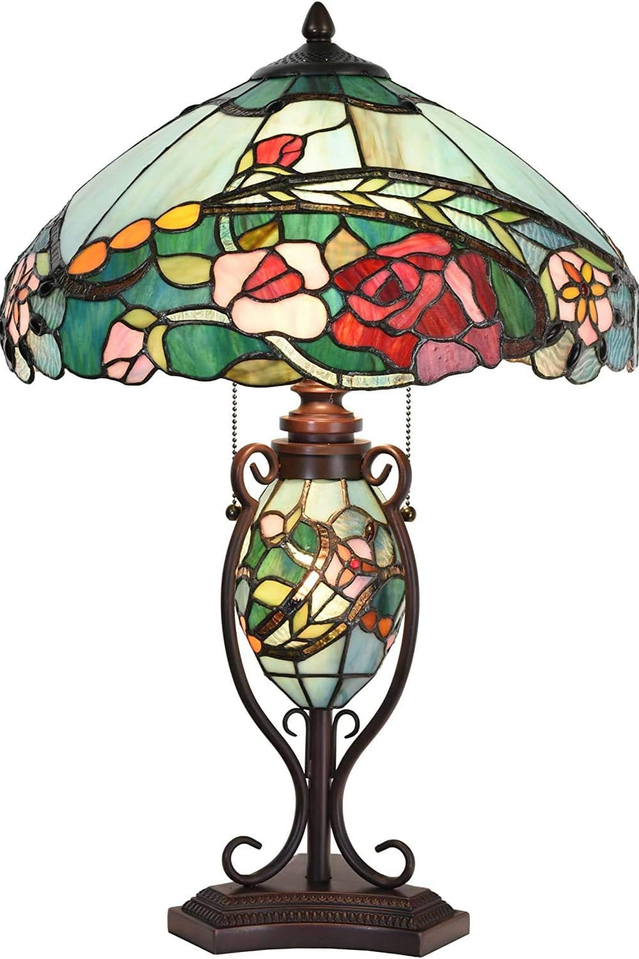 Tiffany Tarzı Gül Desenli Çift Aydınlatmalı Vitray Masa Lambası 24 Inc El Yapımı Lamba