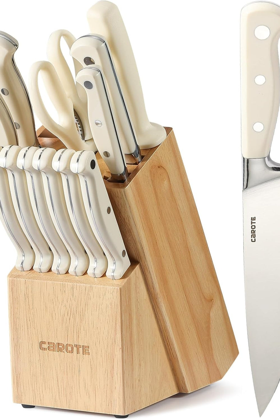 14 Parça Bıçak Seti, Paslanmaz Çelik, Ahşap Bloklu, Aşçı ve Biftek Bıçakları