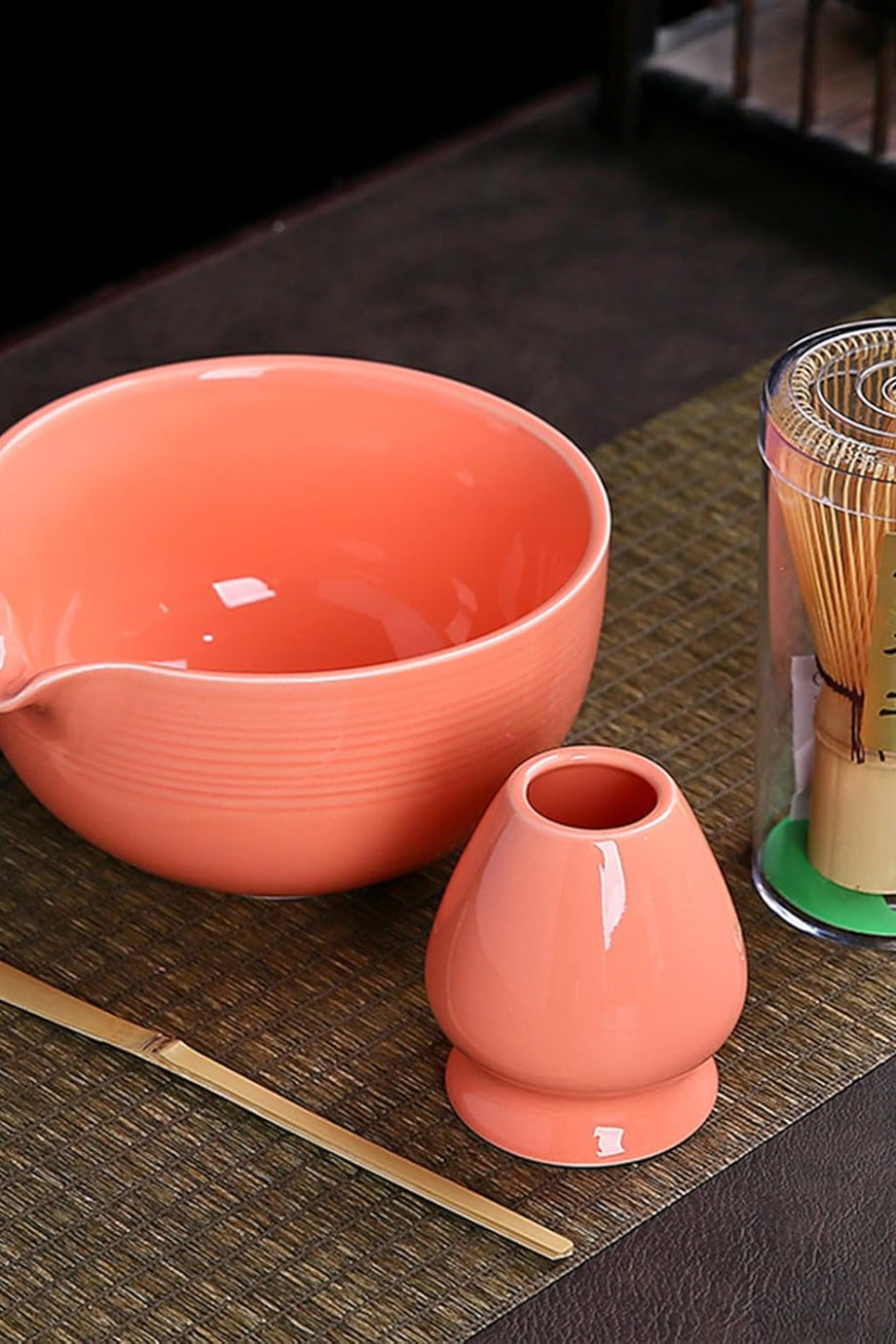 Matcha Seti, Matcha Çırpıcısı (Chasen), Whisk Tutucu, Matcha Kasesi ve Geleneksel Bambu Ölçü Kaşığı