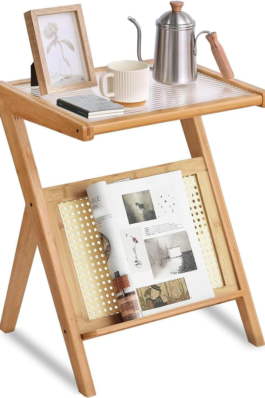 Rattan Sehpa, Boho Aksanlı Gece Sehpası ve Cam Ahşap Masası