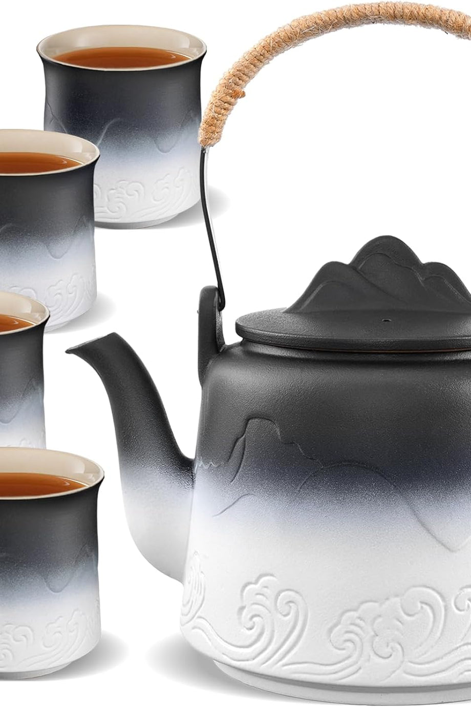 Vintage Japon Çay Seti, 4 Fincan, Kabartmalı Seramik
