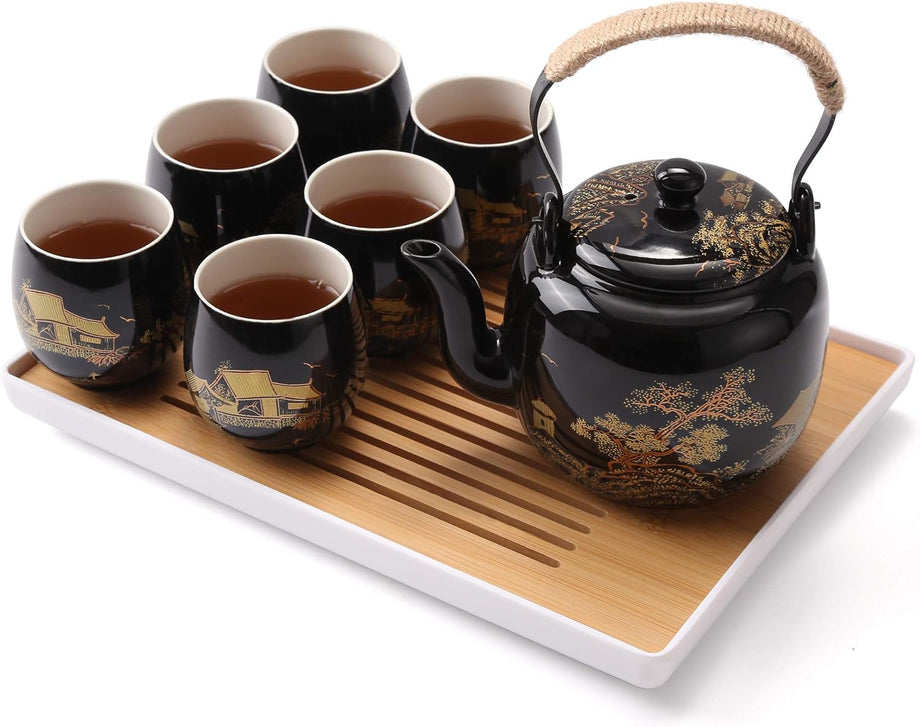 Japon Çay Takımı, Siyah Porselen, Altın Renkli Kırsal Manzara Tasarımlı Set