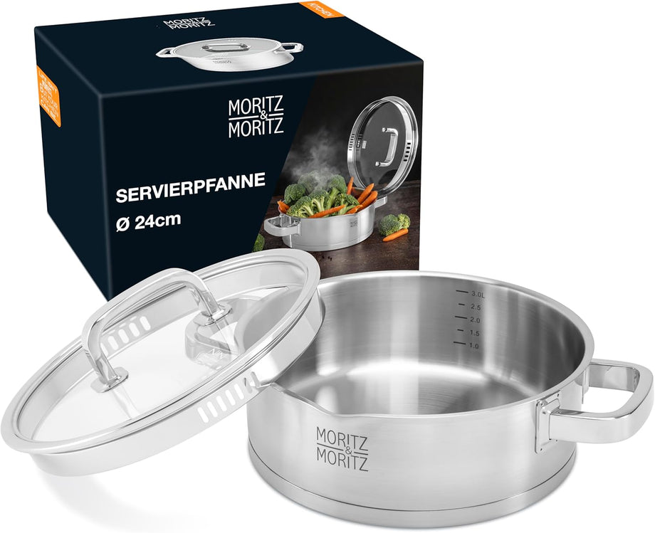 1 Parça 24 cm Paslanmaz Çelik Servis Tavası,Kapaklı, 3 Litre, İndüksiyon Uyumlu, Entegre Süzgeçli