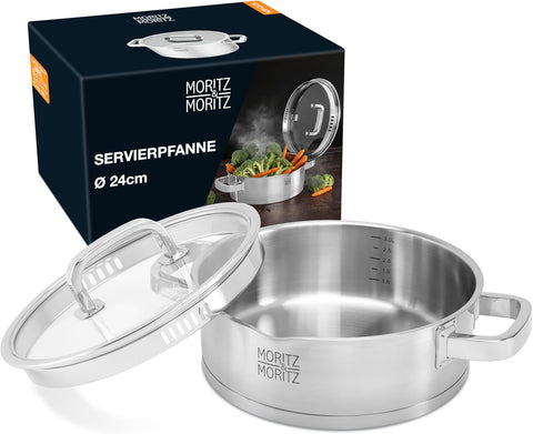 1 Parça 24 cm Paslanmaz Çelik Servis Tavası,Kapaklı, 3 Litre, İndüksiyon Uyumlu, Entegre Süzgeçli