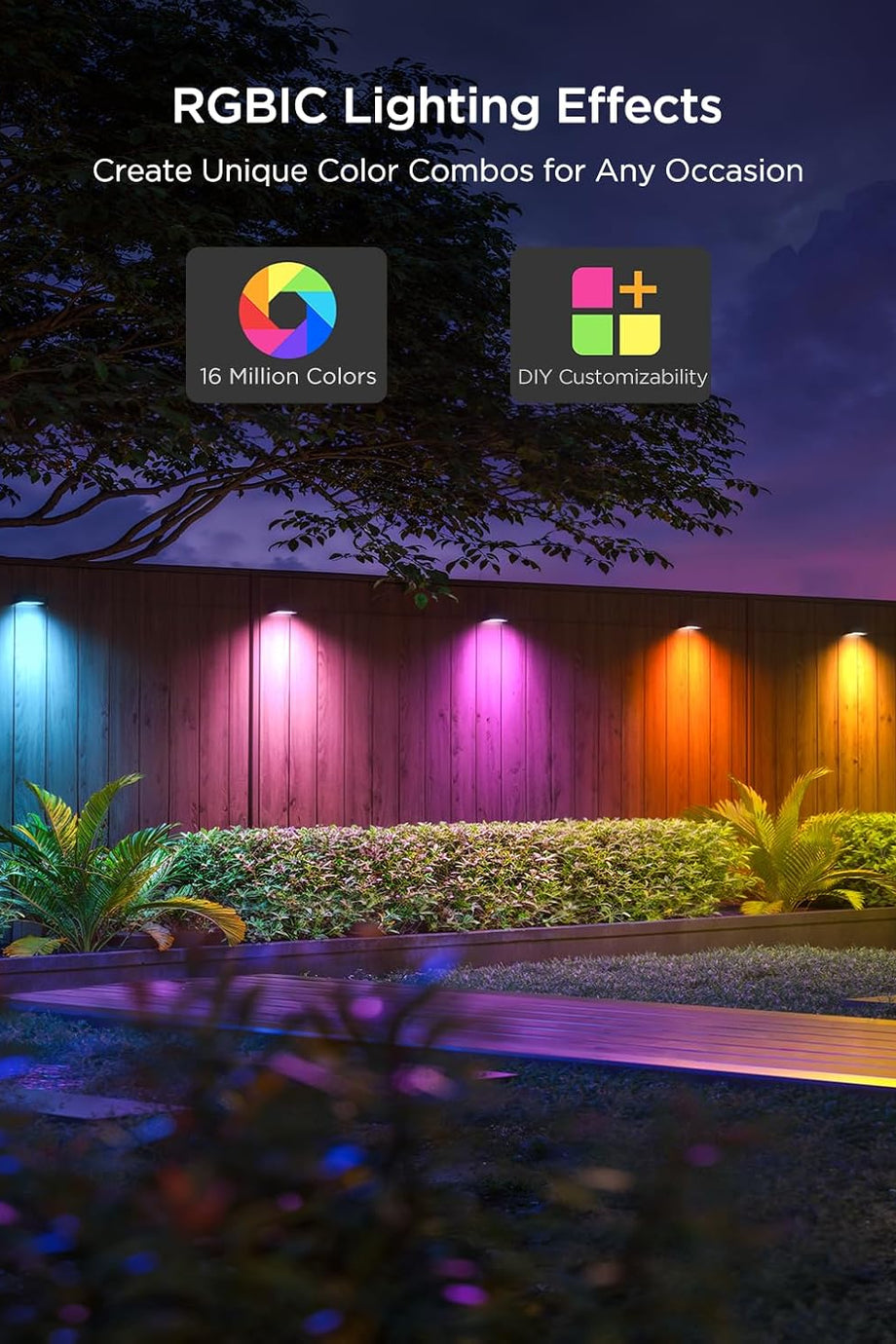 RGBIC Akıllı Dış Mekan Çit Işıkları 6'lı, IP65, Alexa Uyumlu, Müzik Senkron, 60 Sahne