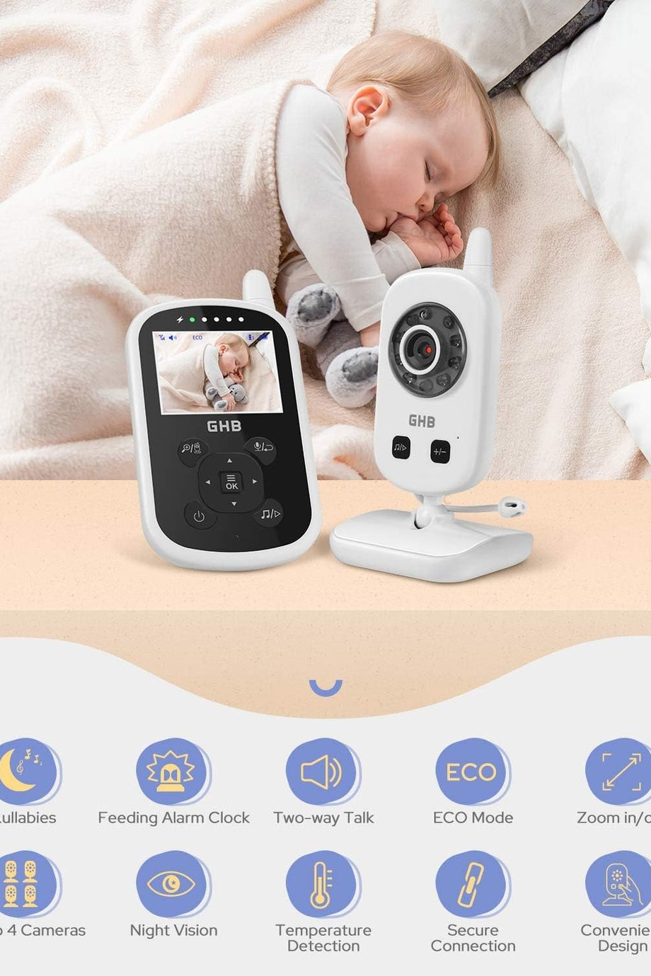 Bebek Kameralı Telsiz Monitör, 2.4 GHz, İki Yönlü Konuşma, ECO Mod, Gece Görüşü, Sıcaklık Sensörü