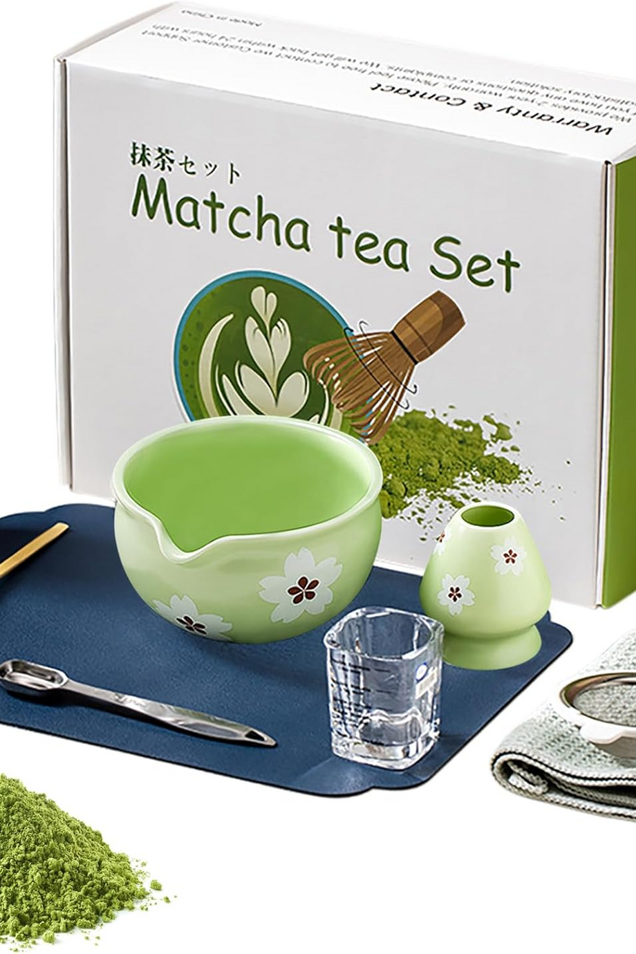 10 Parça Japon Matcha Seremoni Seti Bambu Çırpıcı, Seramik Kase ve Ölçü Kabı ile Hediye Kit