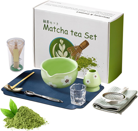 10 Parça Japon Matcha Seremoni Seti Bambu Çırpıcı, Seramik Kase ve Ölçü Kabı ile Hediye Kit