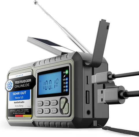 Deprem ve Acil Durum Radyosu, Kranklı, Güneş Enerjili, 5000 mAh Pil, AM/FM/SW Destekli, El Feneri ve USB Şarj Cihazı