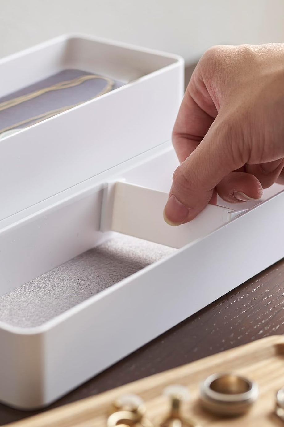 3 Katlı Dar Aksesuar Kutusu, Ahşap Kapaklı, Minimalist, Modern Takı Saklama Çözümü