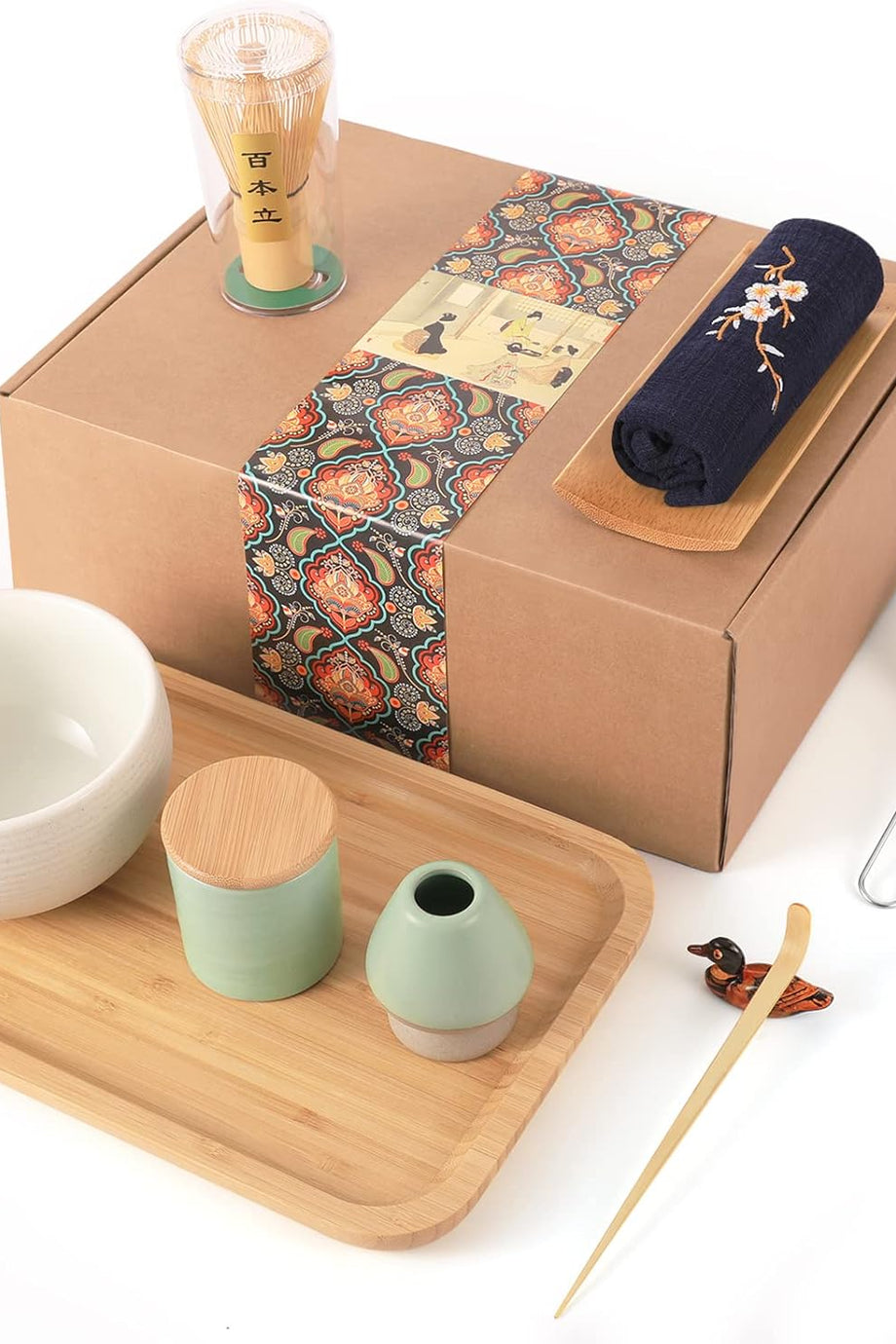 El Yapımı Japon Matcha Çay Seti, 10 Parça, Dökücülü Kase, Çırpıcı, Tepsi, Toz Kutusu ve Aksesuarlarla