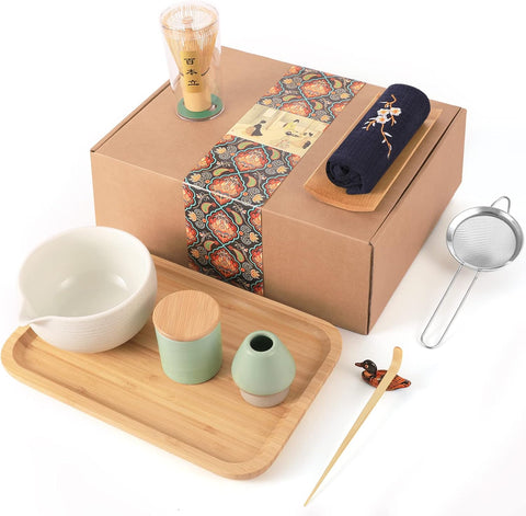 El Yapımı Japon Matcha Çay Seti, 10 Parça, Dökücülü Kase, Çırpıcı, Tepsi, Toz Kutusu ve Aksesuarlarla