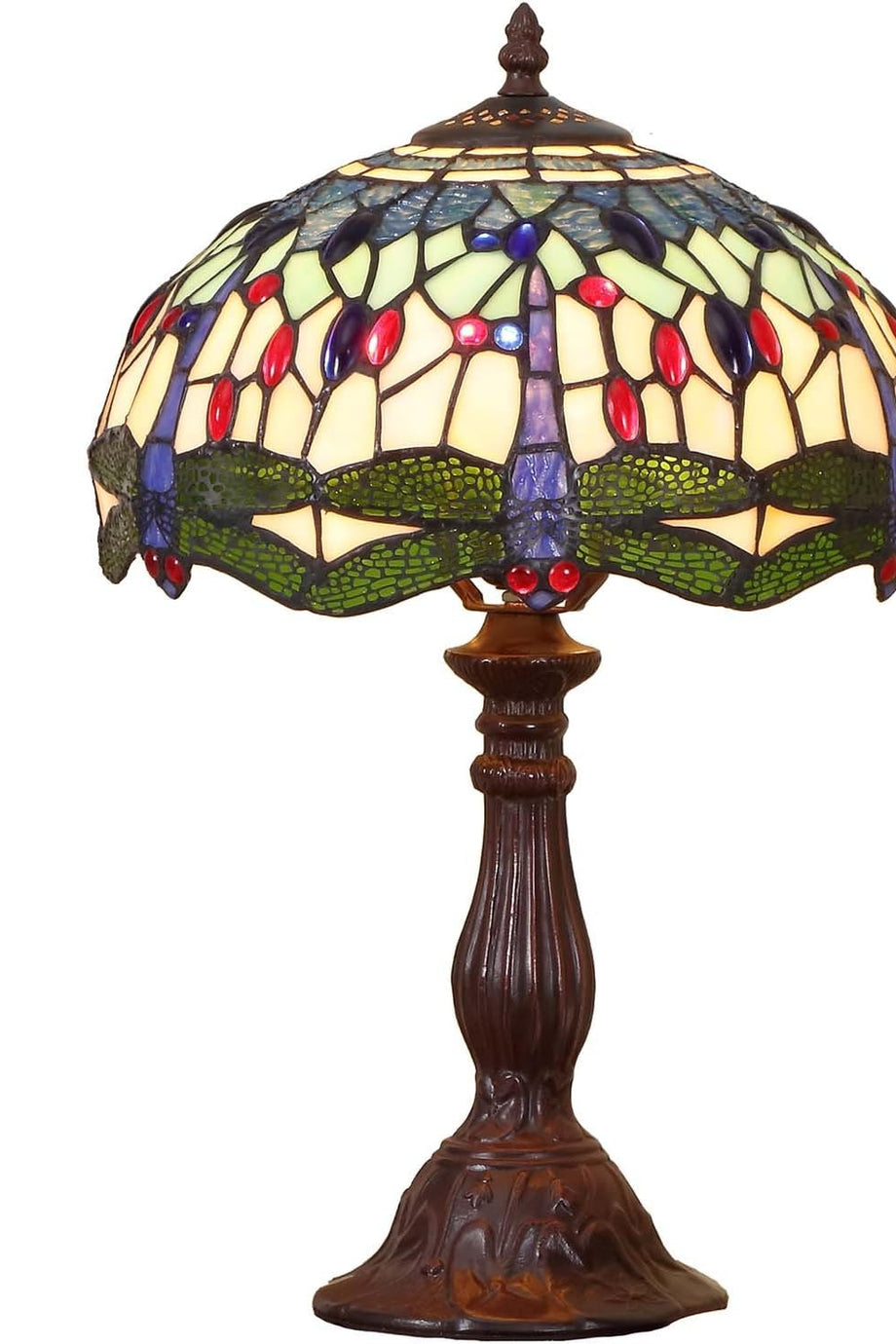 12 inç Dragonfly Tiffany Tarzı Vitray Masa Lambası, Metal Tabanlı, El Yapımı