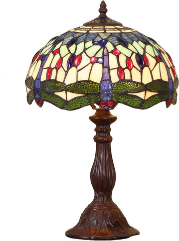 12 inç Dragonfly Tiffany Tarzı Vitray Masa Lambası, Metal Tabanlı, El Yapımı